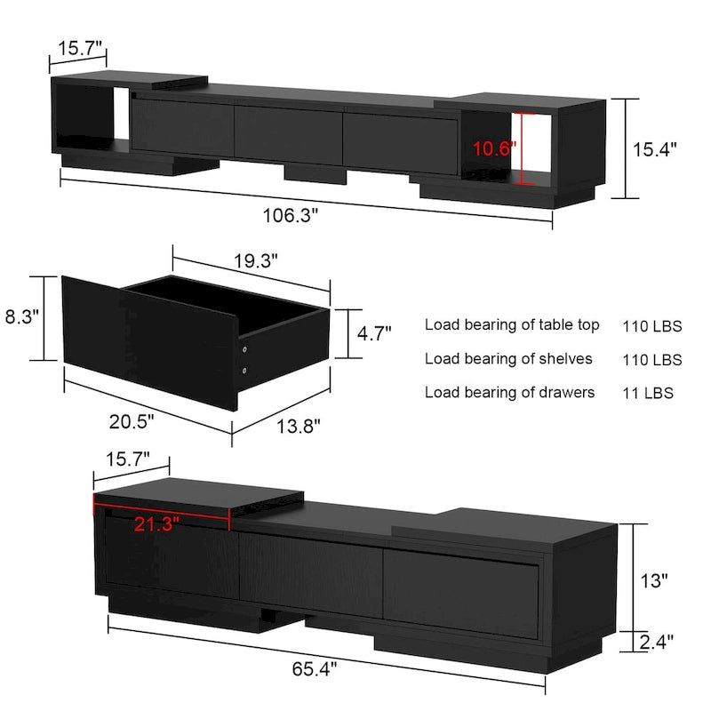 Meuble TV extensible de style moderne avec 3 tiroirs Blanc/Noir 65.4-106.3