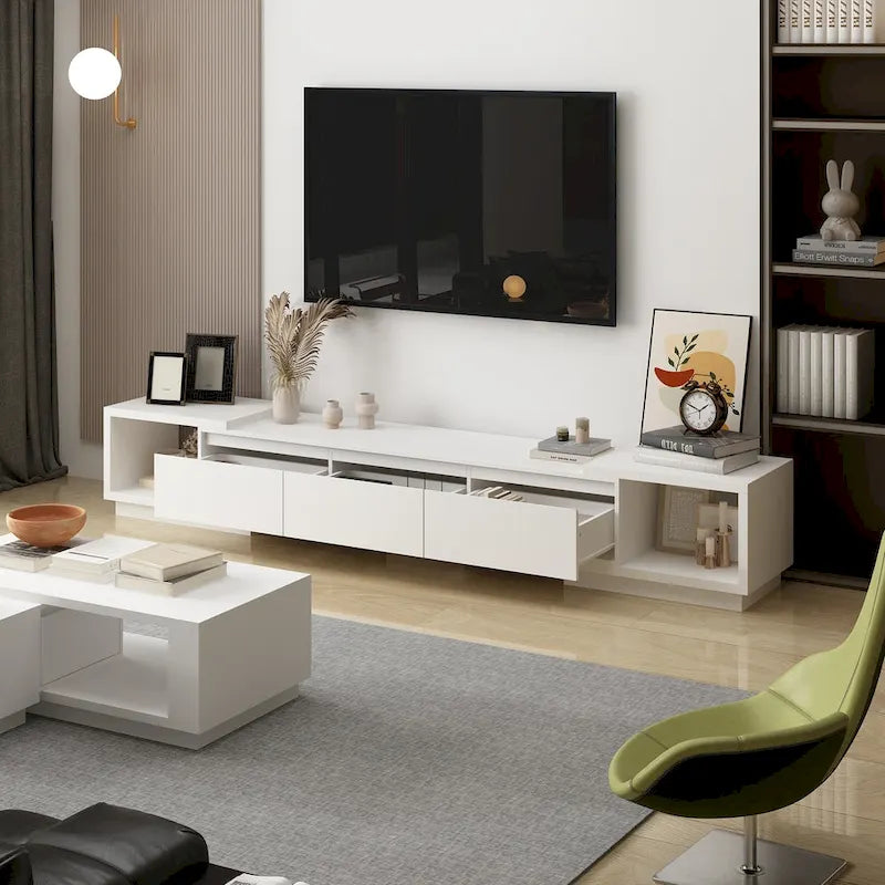 Meuble TV extensible de style moderne avec 3 tiroirs Blanc/Noir 65.4-106.3