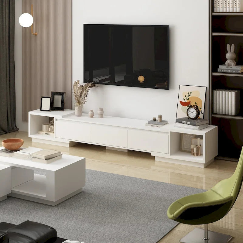 Meuble TV extensible de style moderne avec 3 tiroirs Blanc/Noir 65.4-106.3