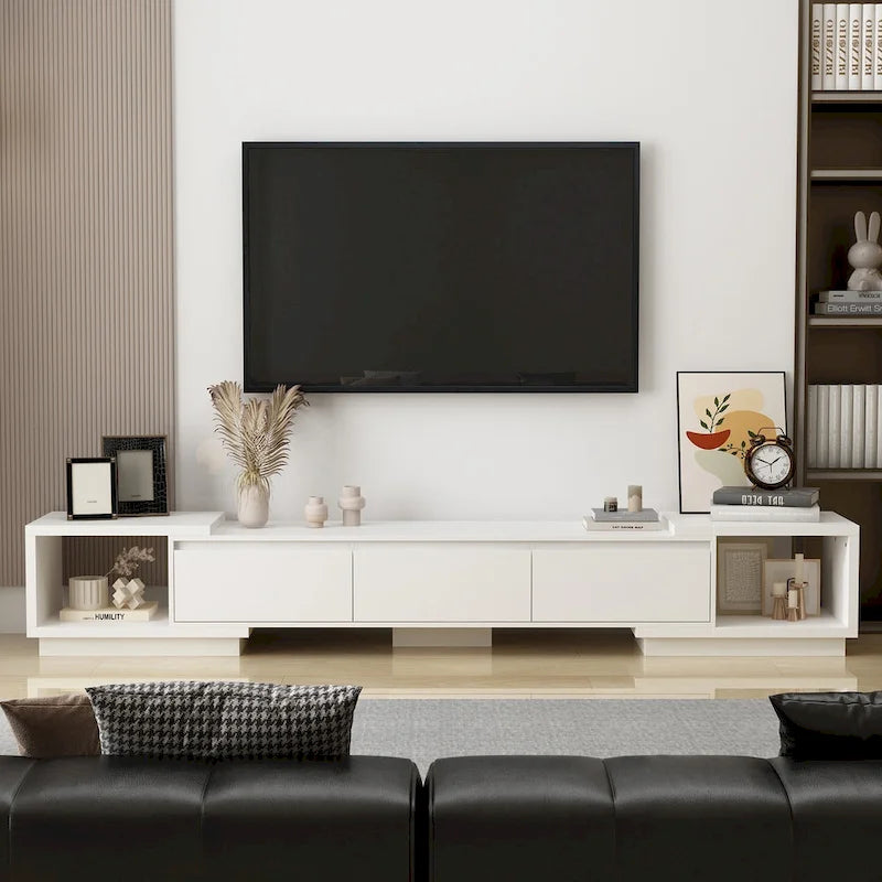 Meuble TV extensible de style moderne avec 3 tiroirs Blanc/Noir 65.4-106.3