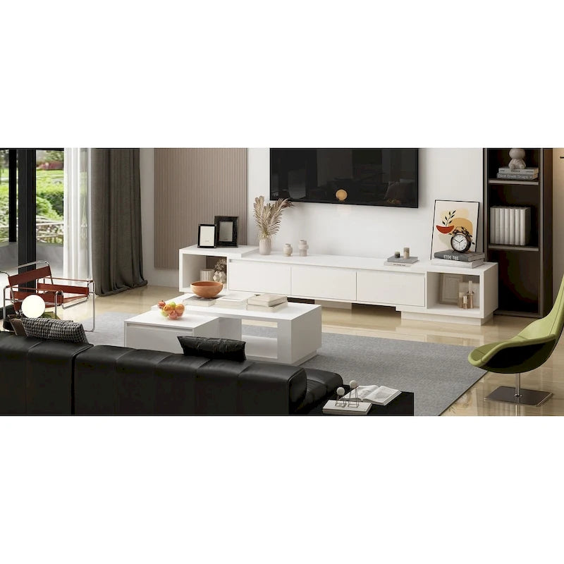 Meuble TV extensible de style moderne avec 3 tiroirs Blanc/Noir 65.4-106.3