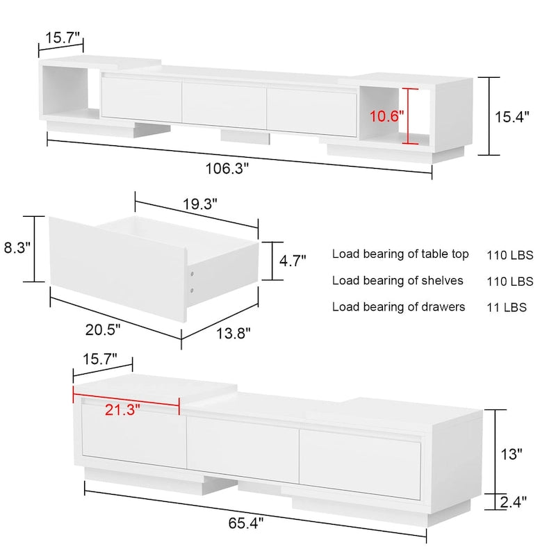 Meuble TV extensible de style moderne avec 3 tiroirs Blanc/Noir 65.4-106.3