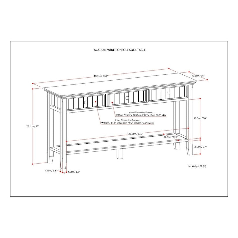 WYNDENHALL Normandy Table console large de style de transition en BOIS MASSIF de 60 po de largeur – 60 x 16 x 30 po