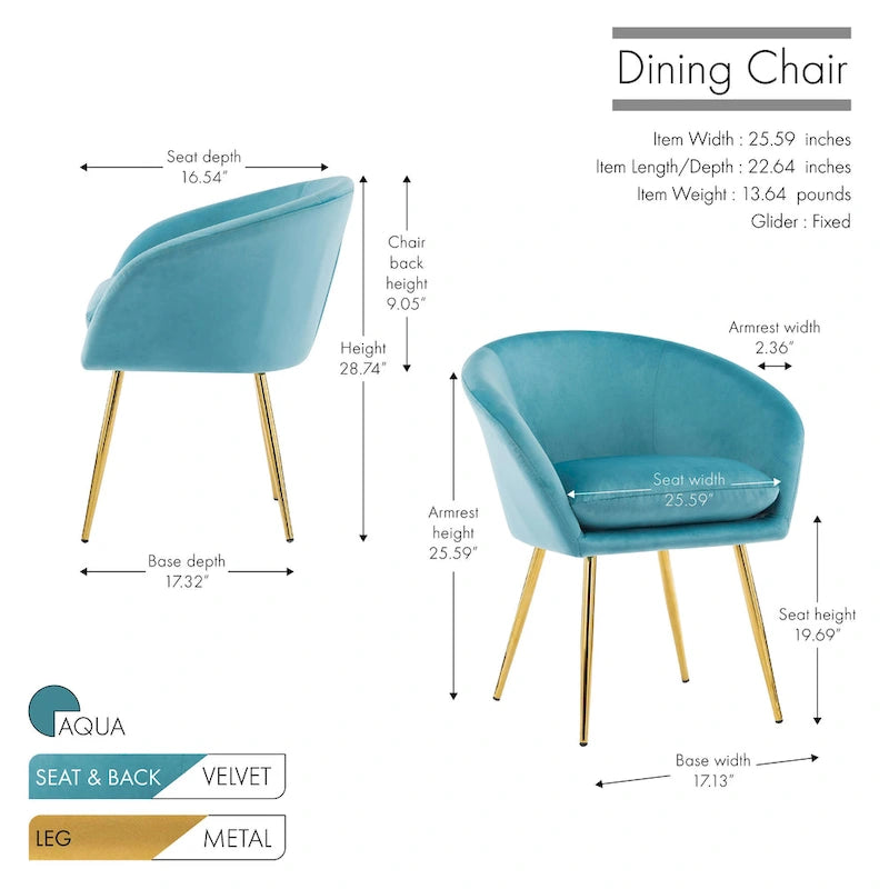 Porthos Home Lakia Chaises de salle à manger, revêtement en velours, pieds en métal doré