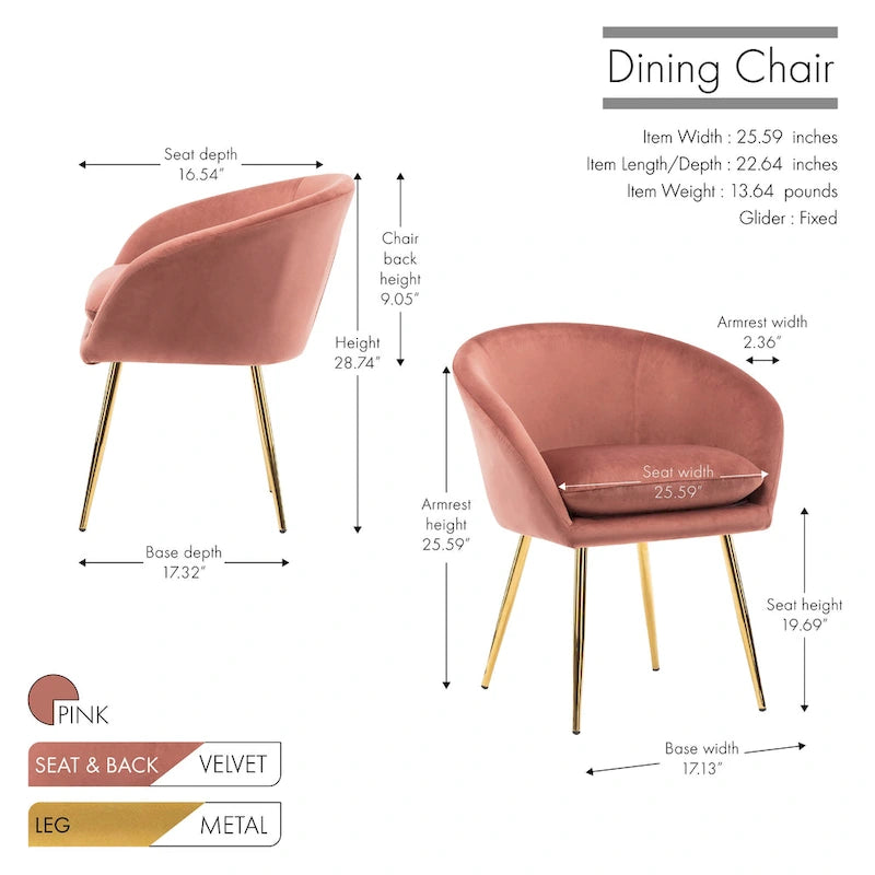Porthos Home Lakia Chaises de salle à manger, revêtement en velours, pieds en métal doré