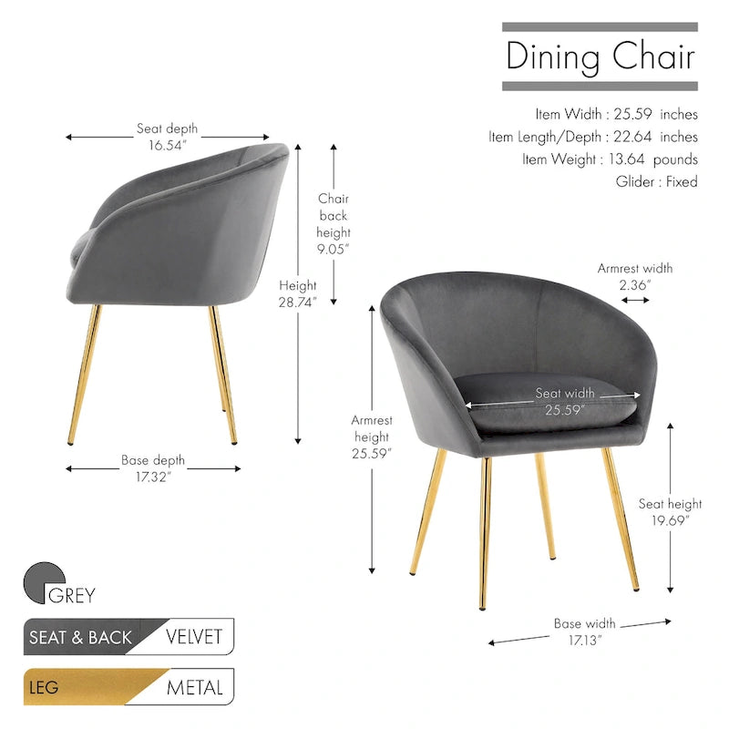 Porthos Home Lakia Chaises de salle à manger, revêtement en velours, pieds en métal doré
