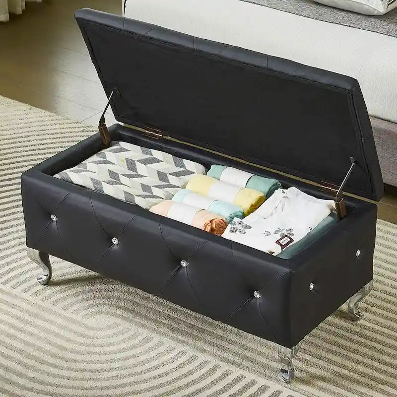 Banc de rangement ottoman de luxe, ottoman à couvercle rabattable en PU