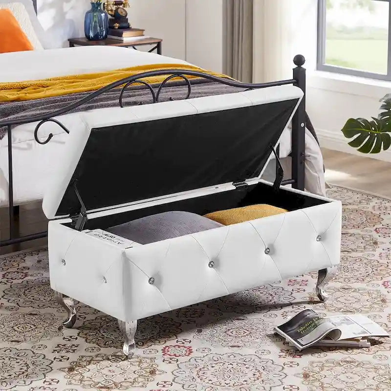 Banc de rangement ottoman de luxe, ottoman à couvercle rabattable en PU