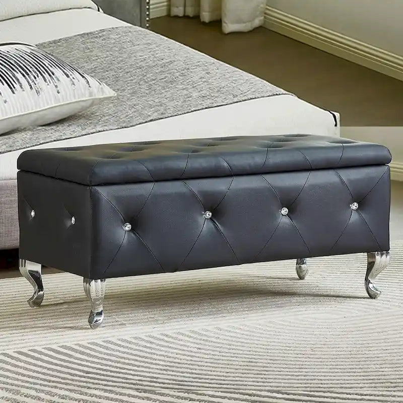 Banc de rangement ottoman de luxe, ottoman à couvercle rabattable en PU