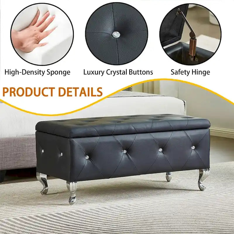 Banc de rangement ottoman de luxe, ottoman à couvercle rabattable en PU