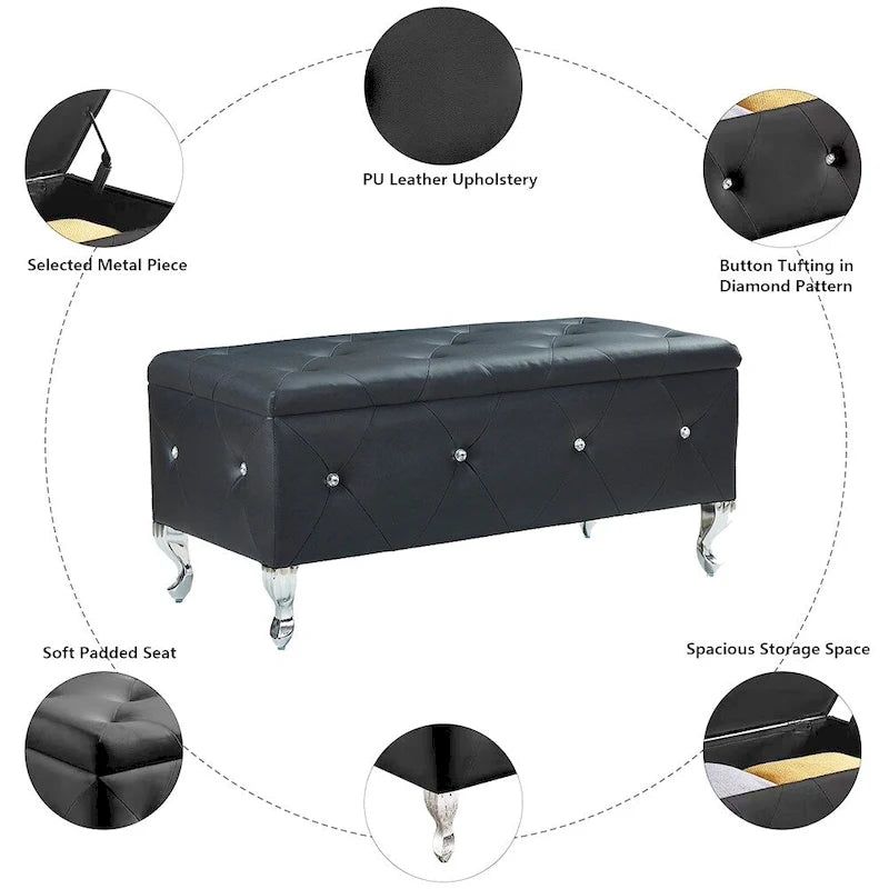 Banc de rangement ottoman de luxe, ottoman à couvercle rabattable en PU