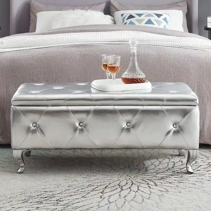 Banc de rangement ottoman de luxe, ottoman à couvercle rabattable en PU