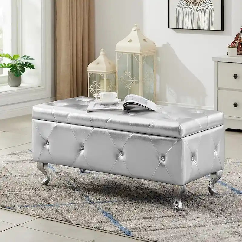 Banc de rangement ottoman de luxe, ottoman à couvercle rabattable en PU