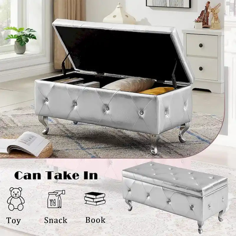Banc de rangement ottoman de luxe, ottoman à couvercle rabattable en PU