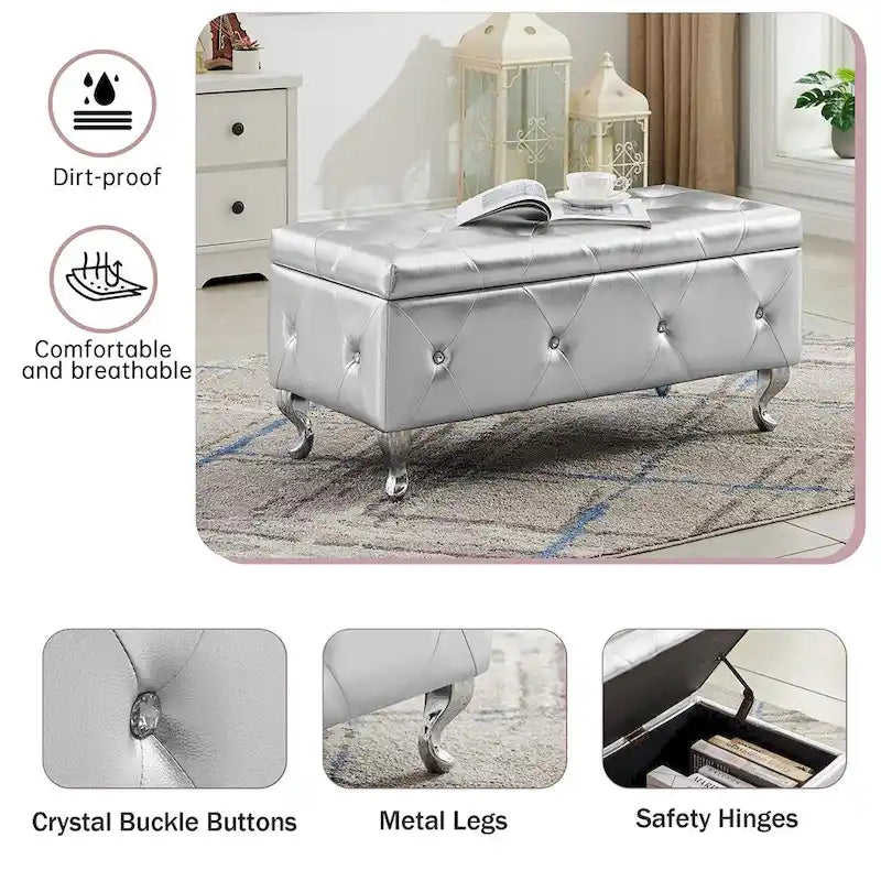 Banc de rangement ottoman de luxe, ottoman à couvercle rabattable en PU