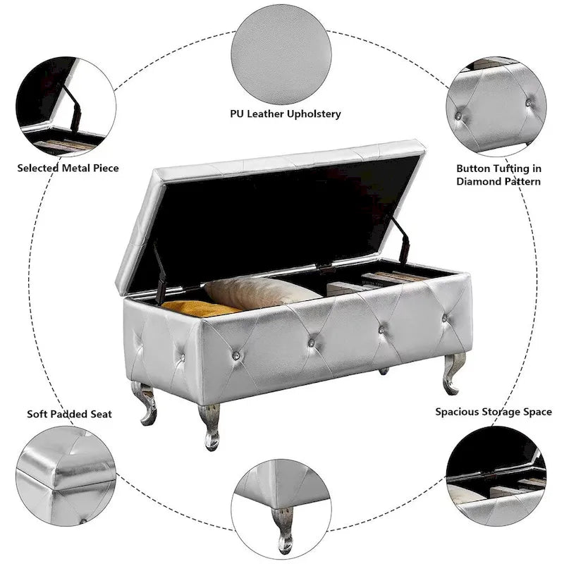 Banc de rangement ottoman de luxe, ottoman à couvercle rabattable en PU