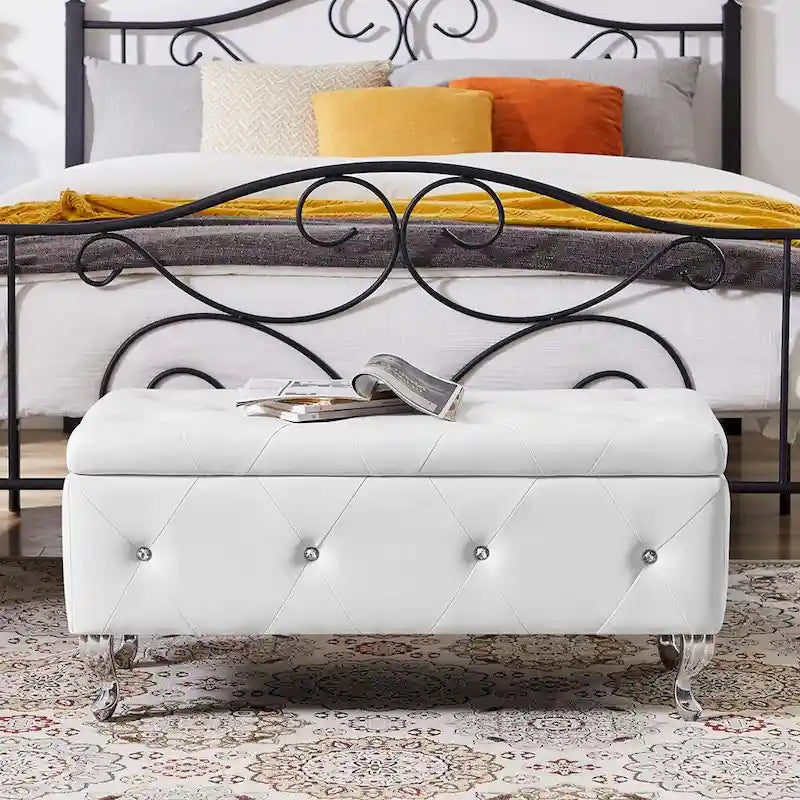 Banc de rangement ottoman de luxe, ottoman à couvercle rabattable en PU