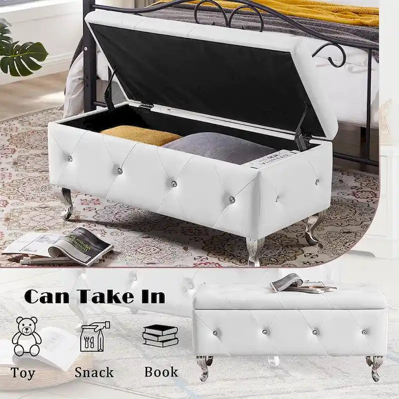 Banc de rangement ottoman de luxe, ottoman à couvercle rabattable en PU