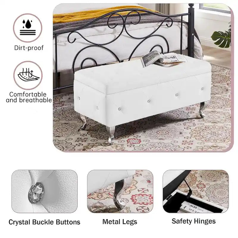 Banc de rangement ottoman de luxe, ottoman à couvercle rabattable en PU