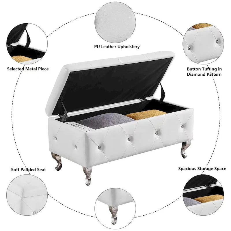 Banc de rangement ottoman de luxe, ottoman à couvercle rabattable en PU