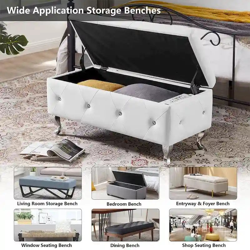 Banc de rangement ottoman de luxe, ottoman à couvercle rabattable en PU