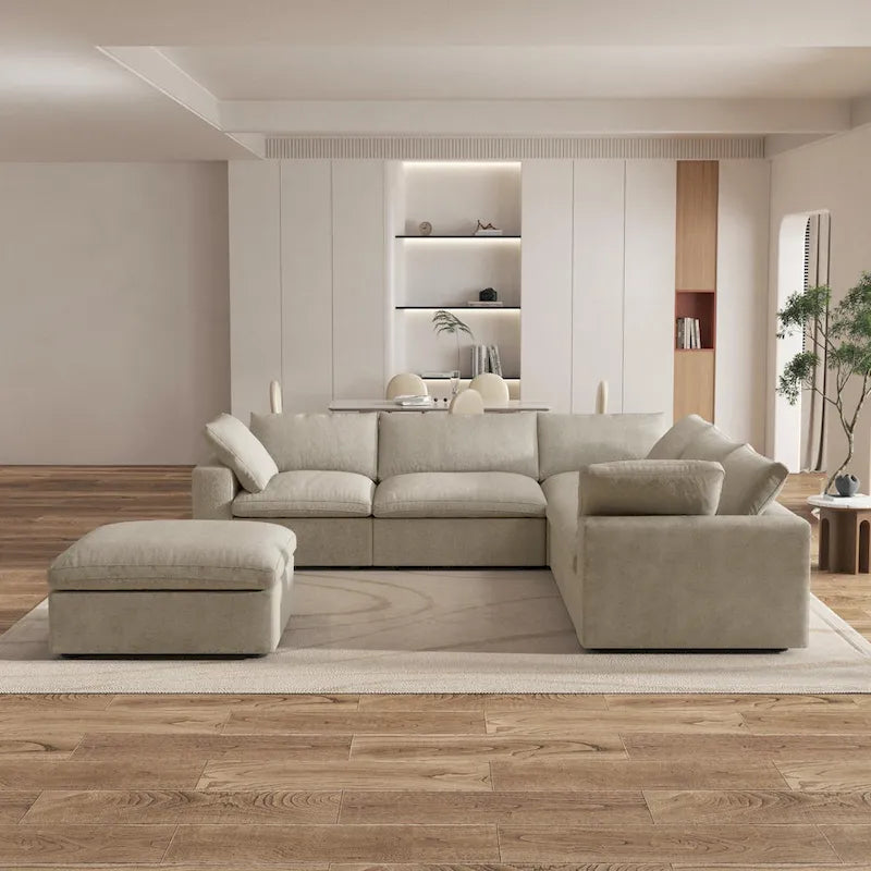 Canapé d'angle 5 pièces et pouf Widen en duvet
