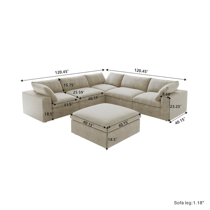 Canapé d'angle 5 pièces et pouf Widen en duvet