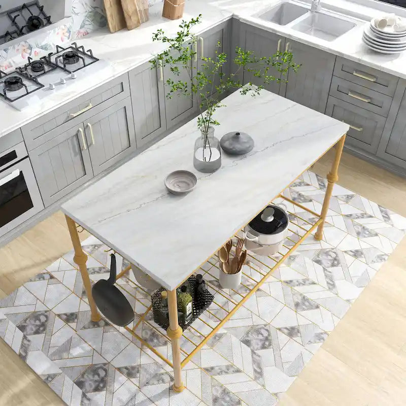 Îlot de cuisine contemporain Avya, blanc et or, de 147 cm de large, avec plateau en marbre, par Furniture of America