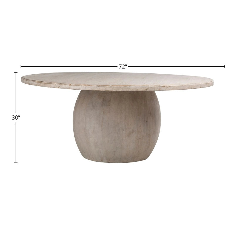 Table à manger moderne Sophia 72 ronde en pin recyclé avec base piédestal sphérique