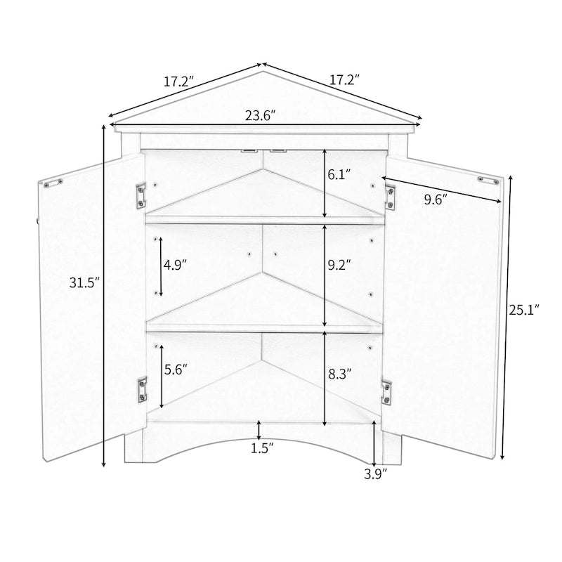 Meuble de rangement de salle de bain triangulaire de 43,7 cm (L) x 43,7 cm (P) avec étagères réglables