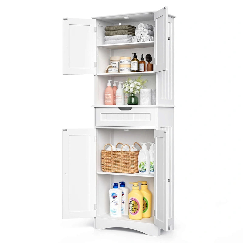Meuble de cuisine blanc autoportant de 66,5 pouces de hauteur avec tiroirs coulissants en métal et compartiments à clapets