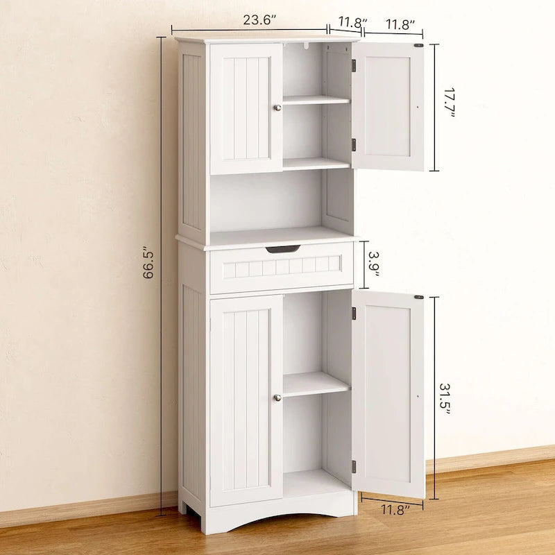 Meuble de cuisine blanc autoportant de 66,5 pouces de hauteur avec tiroirs coulissants en métal et compartiments à clapets