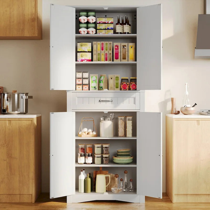 Meuble de cuisine blanc autoportant de 66,5 pouces de hauteur avec tiroirs coulissants en métal et compartiments à clapets