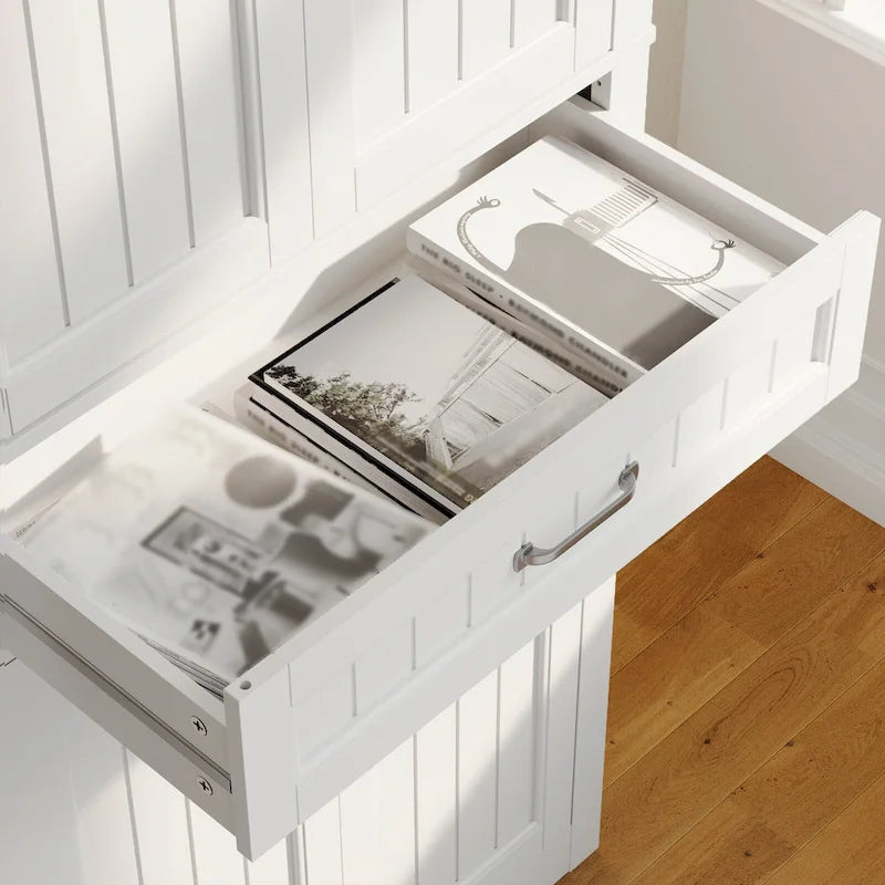 Meuble de cuisine blanc autoportant de 66,5 pouces de hauteur avec tiroirs coulissants en métal et compartiments à clapets