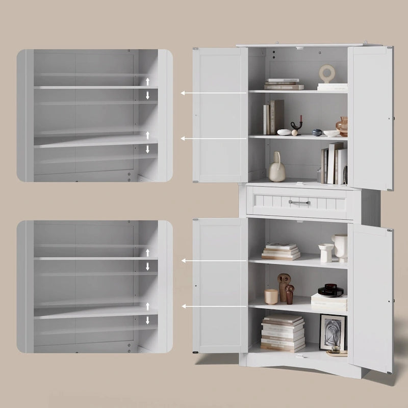 Meuble de cuisine blanc autoportant de 66,5 pouces de hauteur avec tiroirs coulissants en métal et compartiments à clapets