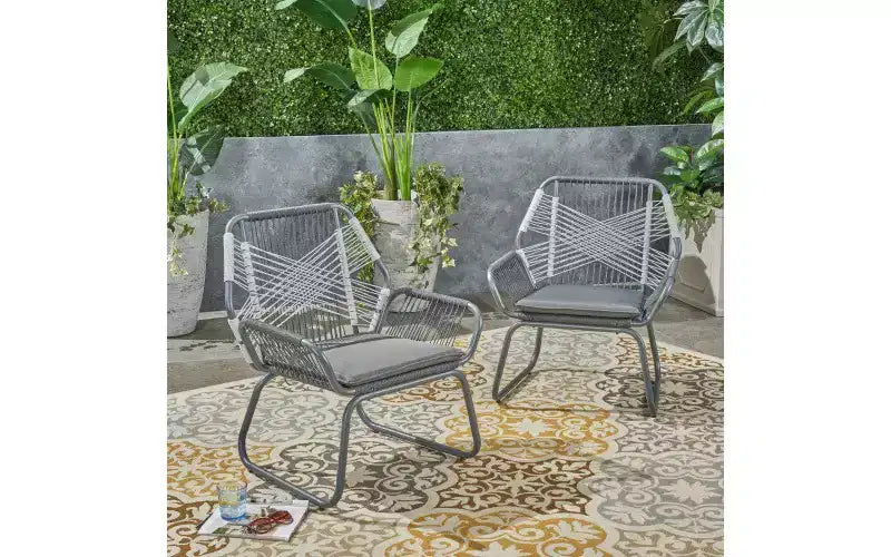 Lot de 2 fauteuils de patio, fauteuils de jardin en corde tressée avec cadre en acier, chaises de salle à manger avec coussin résistant à l'eau pour jardin, cour arrière