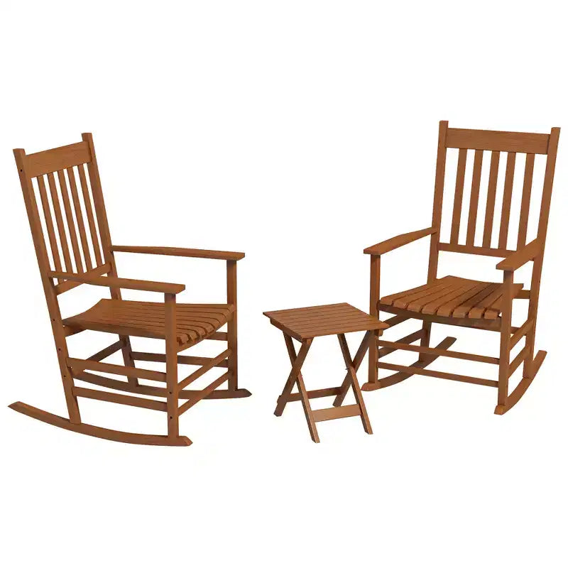 Ensemble de fauteuils à bascule en bois Outsunny, accoudoirs incurvés, dossier haut, table à lattes, ensemble de rockers d'extérieur