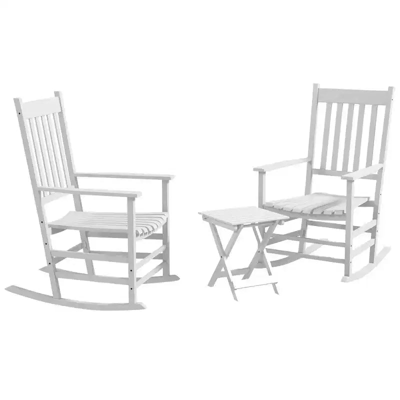 Ensemble de fauteuils à bascule en bois Outsunny, accoudoirs incurvés, dossier haut, table à lattes, ensemble de rockers d'extérieur