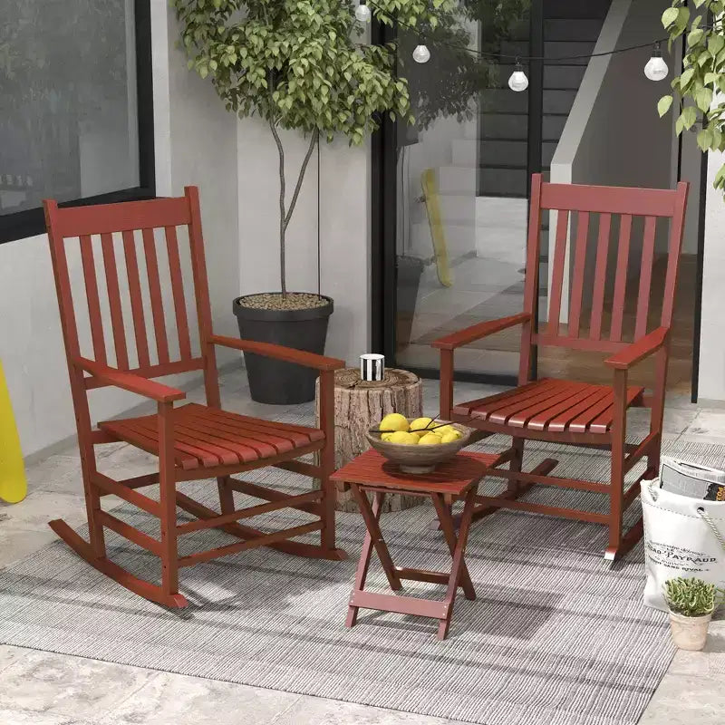Ensemble de fauteuils à bascule en bois Outsunny, accoudoirs incurvés, dossier haut, table à lattes, ensemble de rockers d'extérieur