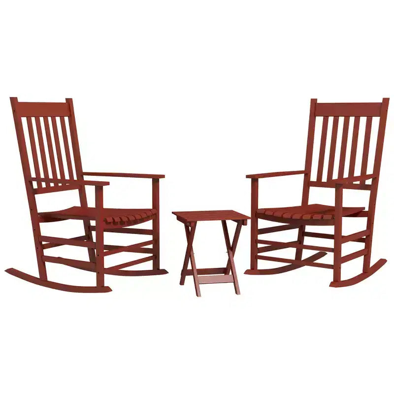 Ensemble de fauteuils à bascule en bois Outsunny, accoudoirs incurvés, dossier haut, table à lattes, ensemble de rockers d'extérieur