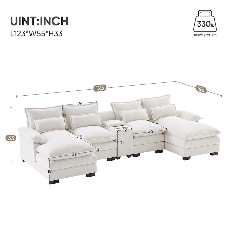 [VIDEO provided][New]123*55 Canapé moderne en U avec console, porte-gobelets et ports USB, canapé d'intérieur rembourré symétrique à 6 places