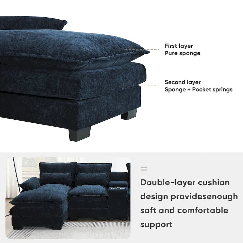 [VIDEO provided][New]123*55 Canapé moderne en U avec console, porte-gobelets et ports USB, canapé d'intérieur rembourré symétrique à 6 places