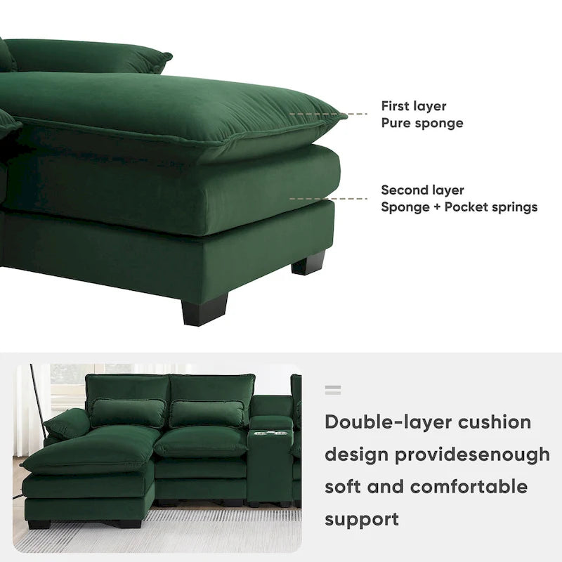 [VIDEO provided][New]123*55 Canapé moderne en U avec console, porte-gobelets et ports USB, canapé d'intérieur rembourré symétrique à 6 places