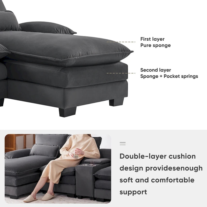[VIDEO provided][New]123*55 Canapé moderne en U avec console, porte-gobelets et ports USB, canapé d'intérieur rembourré symétrique à 6 places