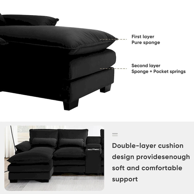 [VIDEO provided][New]123*55 Canapé moderne en U avec console, porte-gobelets et ports USB, canapé d'intérieur rembourré symétrique à 6 places
