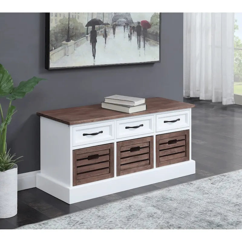 Banc de rangement à 3 tiroirs, blanc et marron patiné