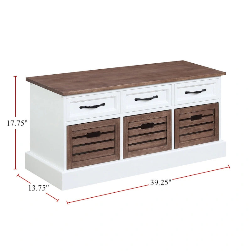 Banc de rangement à 3 tiroirs, blanc et marron patiné