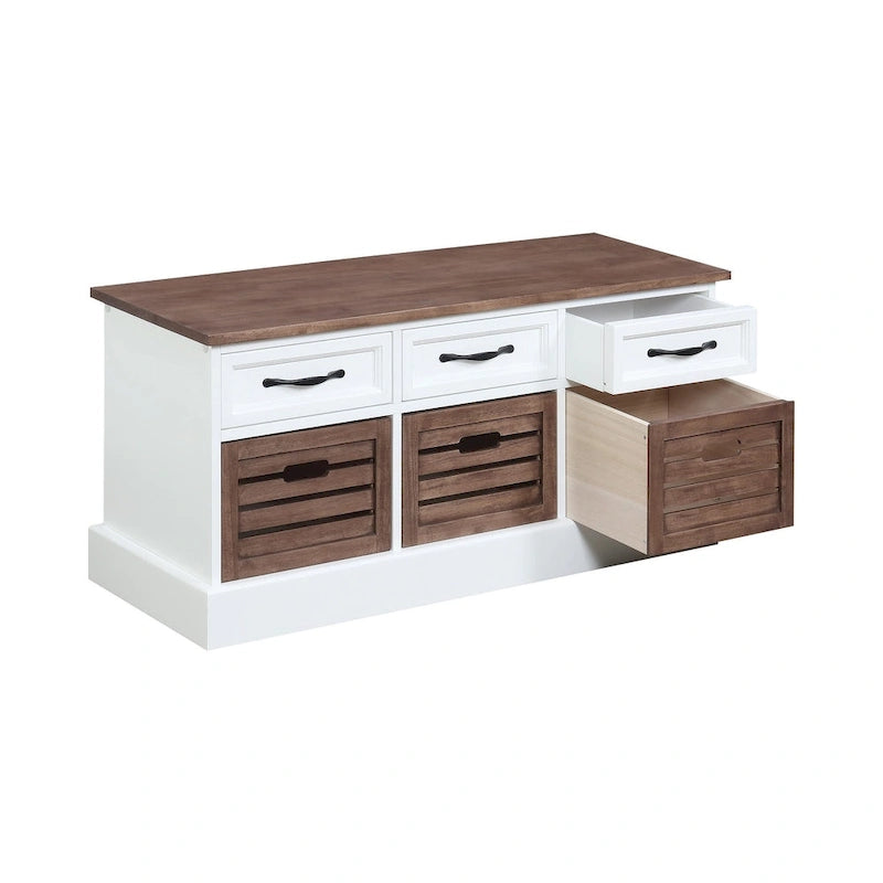 Banc de rangement à 3 tiroirs, blanc et marron patiné