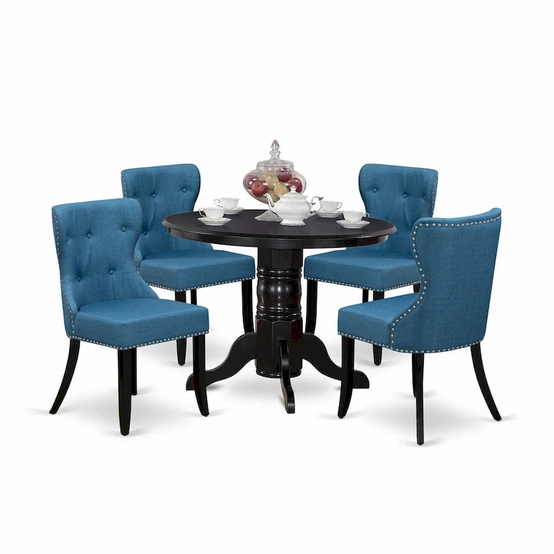 East West Furniture Ensemble de table de cuisine - une table à manger ronde et des chaises Parson en tissu de lin bleu, noir (options de pièces)