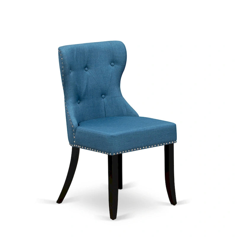 East West Furniture Ensemble de table de cuisine - une table à manger ronde et des chaises Parson en tissu de lin bleu, noir (options de pièces)